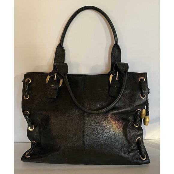APC Large Blk Pebbled Leather Satchel Braided Accents Gold Hdwe Zip, Slip Pkts - Picture 5 of 16